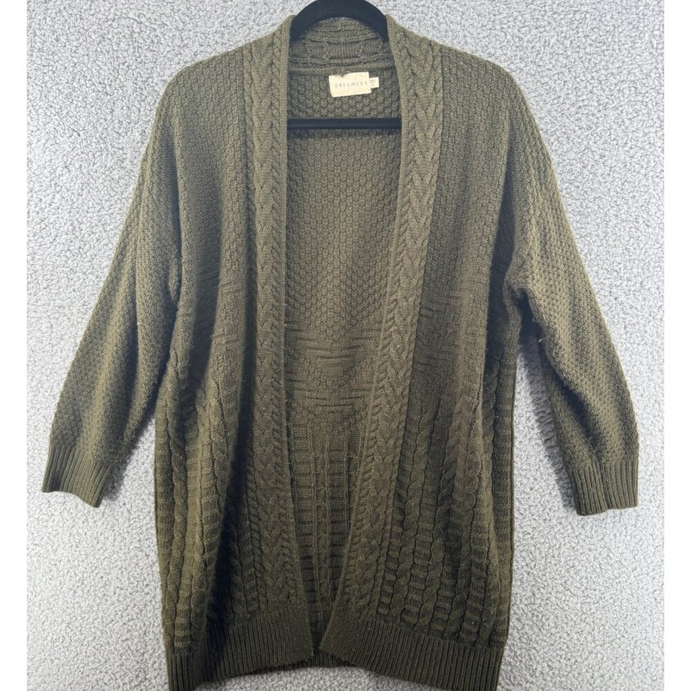 Dreamers Olive Green Cable Knit Open Front Cardigan Over Size Sweater Small